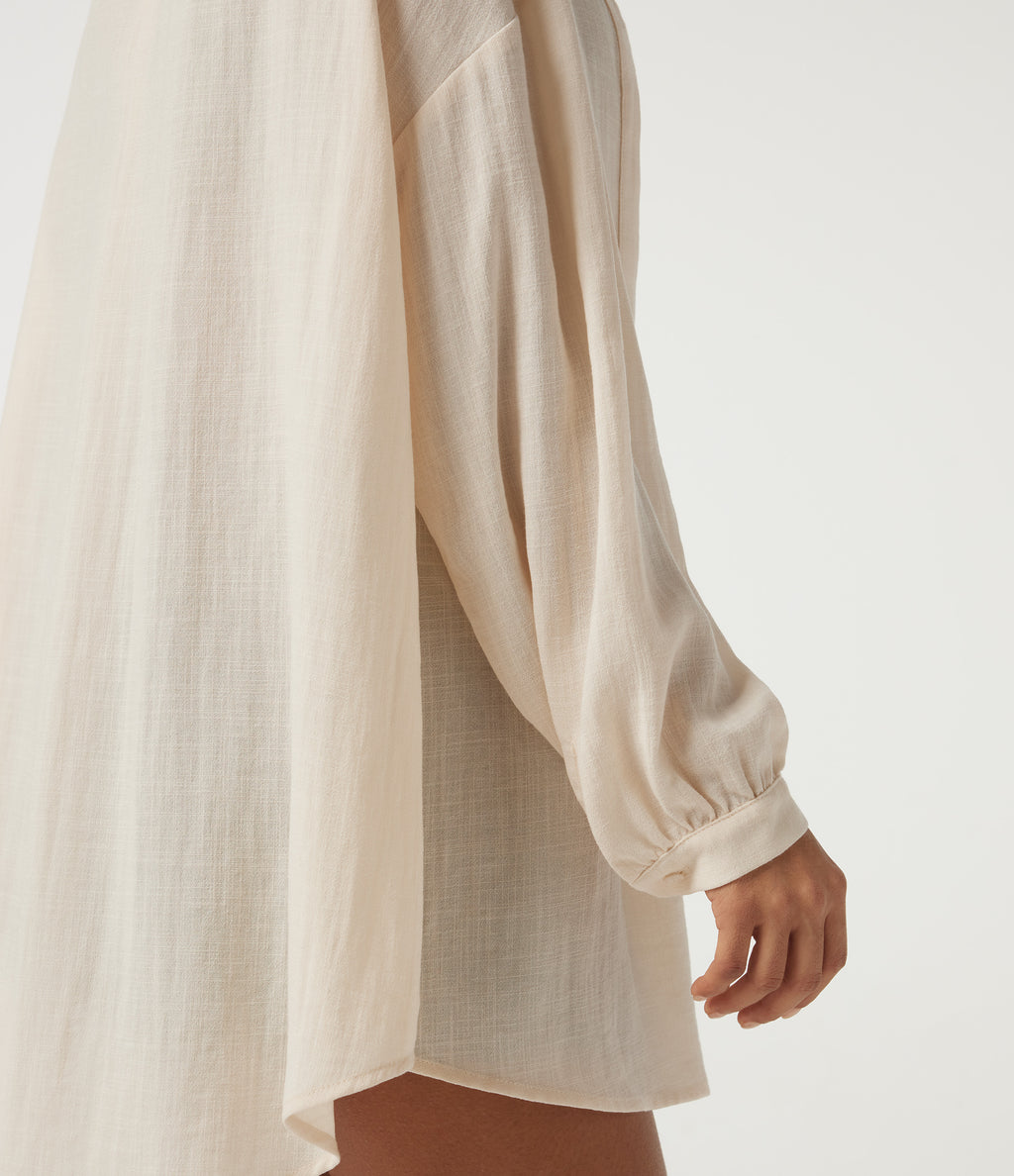 V Neck Long Sleeve Ruched Curved Hem Casual Linen-Feel Blouse — Vanilla Ice — view 7