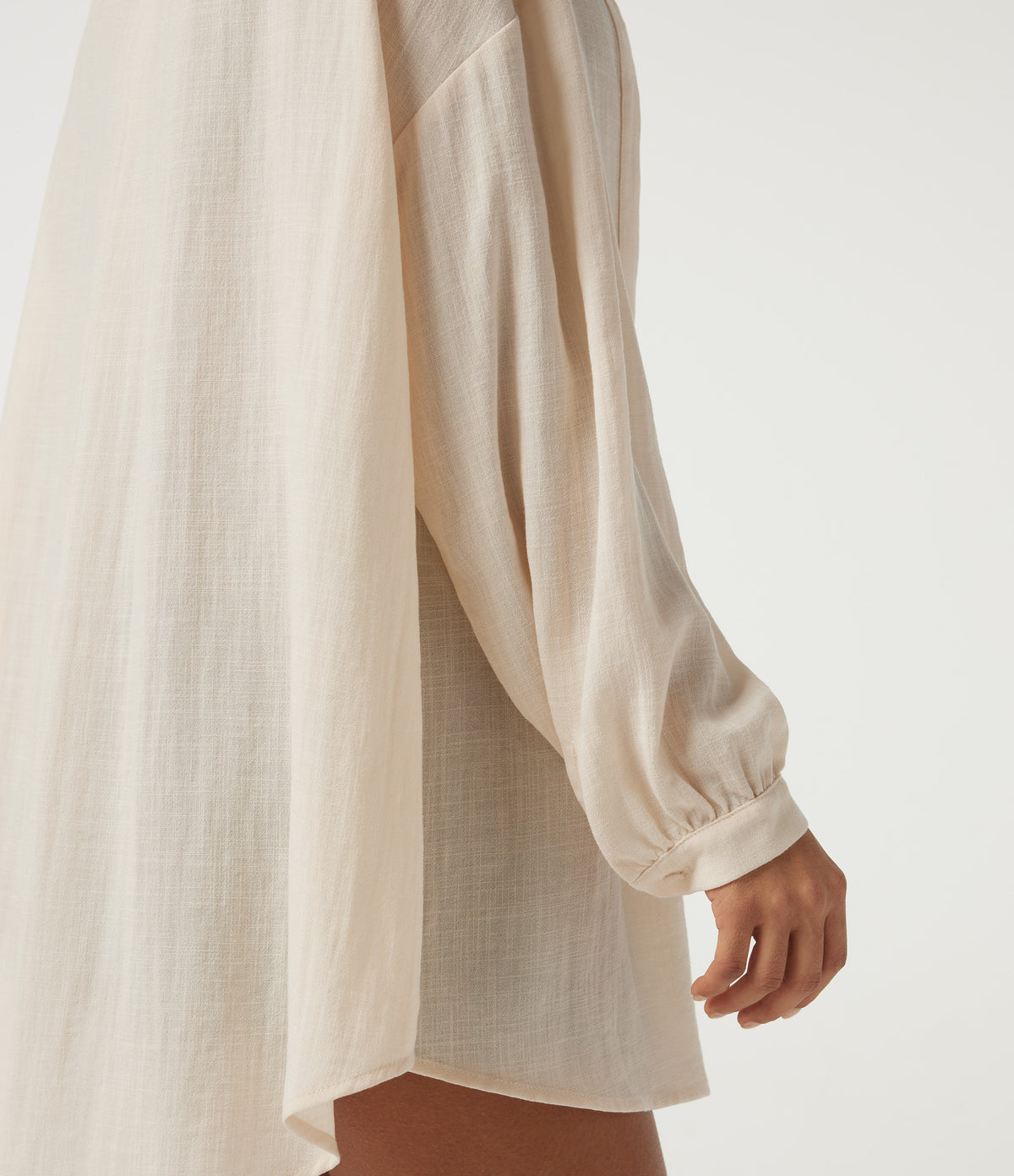 V Neck Long Sleeve Ruched Curved Hem Casual Linen-Feel Blouse — Vanilla Ice — view 7