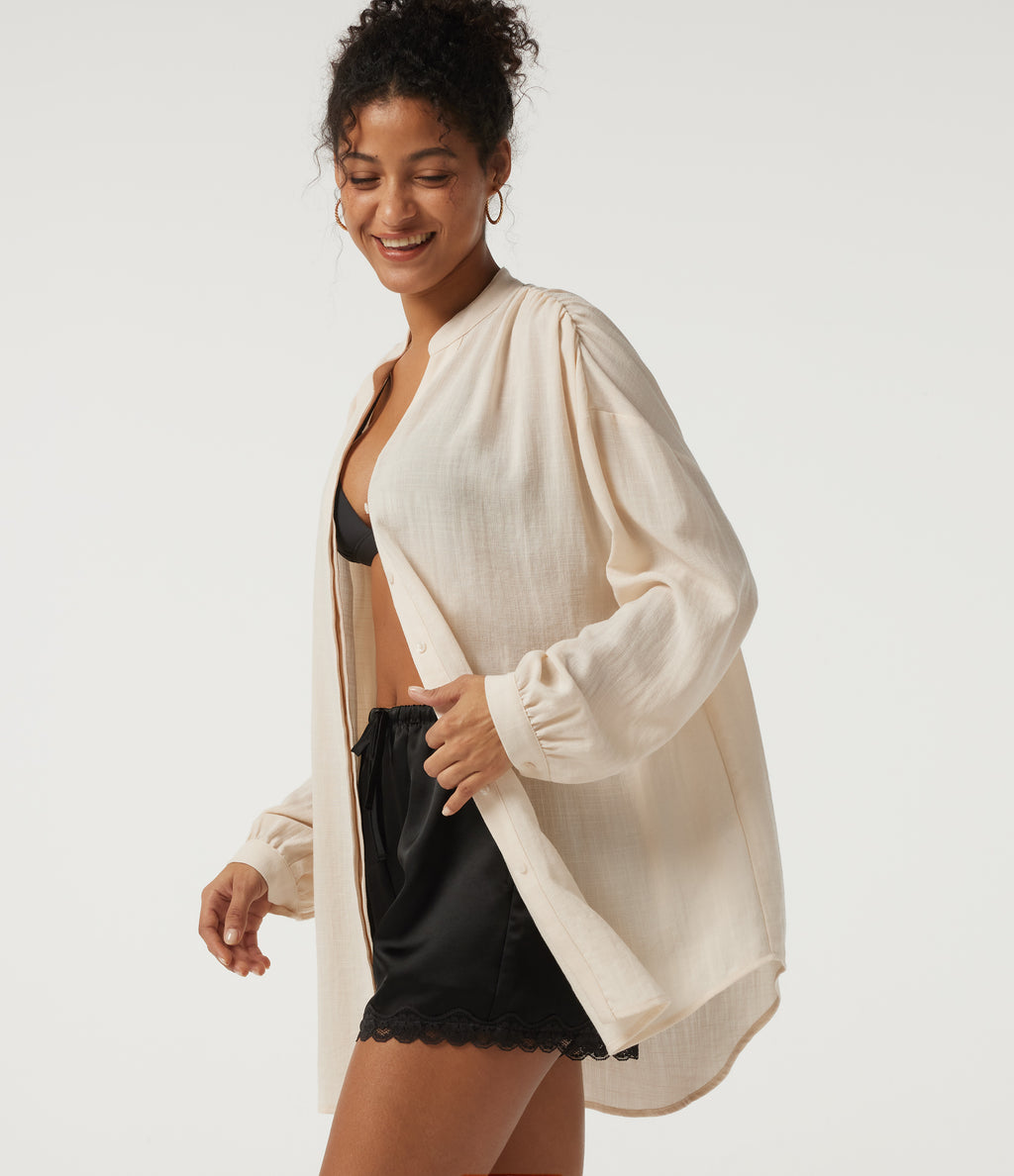 V Neck Long Sleeve Ruched Curved Hem Casual Linen-Feel Blouse — Vanilla Ice — view 1