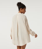 V Neck Long Sleeve Ruched Curved Hem Casual Linen-Feel Blouse — Vanilla Ice — view 2