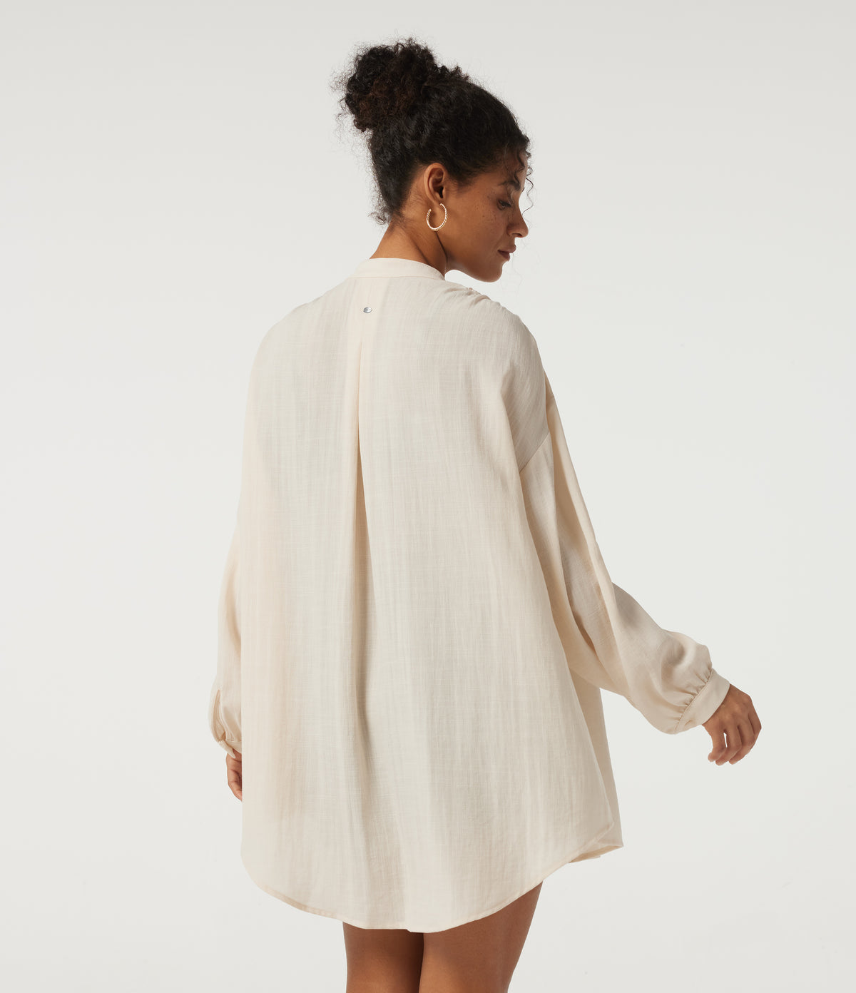 V Neck Long Sleeve Ruched Curved Hem Casual Linen-Feel Blouse — Vanilla Ice — view 2