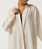 V Neck Long Sleeve Ruched Curved Hem Casual Linen-Feel Blouse — Vanilla Ice — view 6