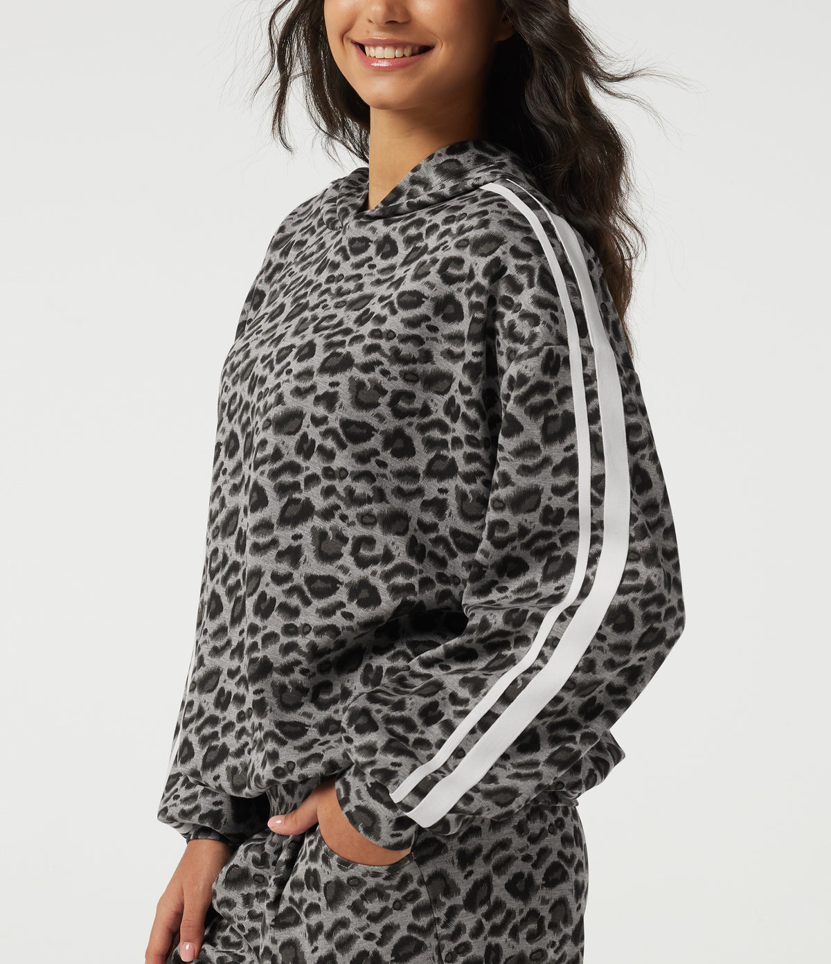 Hooded Long Sleeve Leopard Print Stripe Casual Top — Silver Leopard Print — view 5