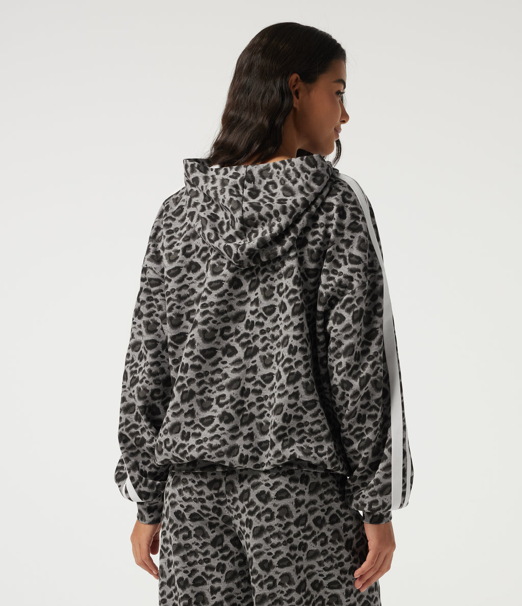 Hooded Long Sleeve Leopard Print Stripe Casual Top — Silver Leopard Print — view 2