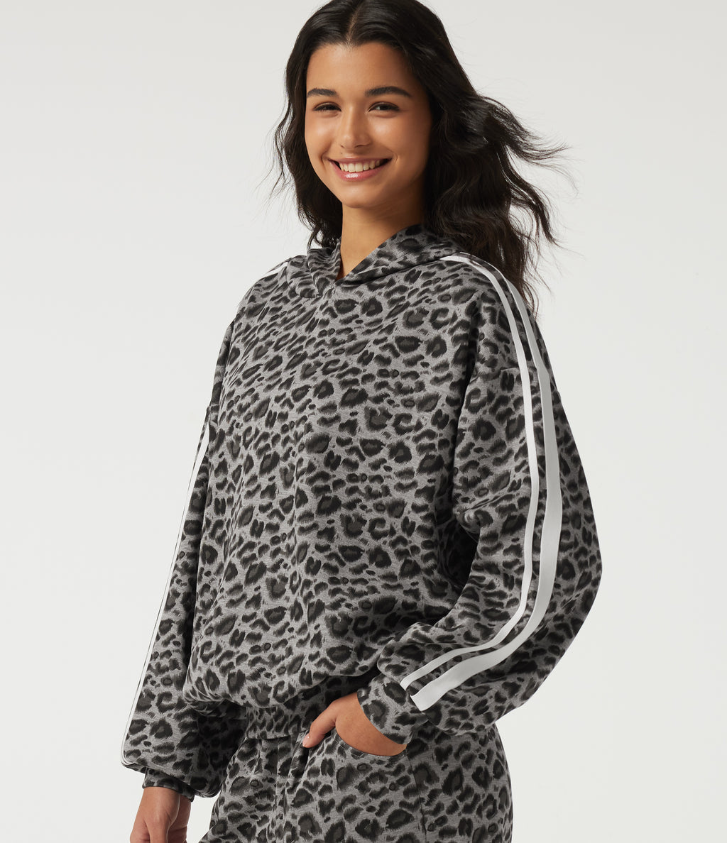 Hooded Long Sleeve Leopard Print Stripe Casual Top — Silver Leopard Print — view 1
