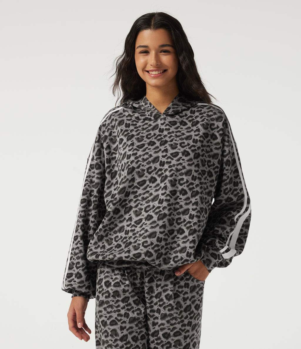 Hooded Long Sleeve Leopard Print Stripe Casual Top — Silver Leopard Print — view 3