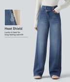 High Waisted Asymmetric Baggy Fleece Casual Cotton Jeans with Pockets — Estate Blue Denim — view 1