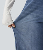 High Waisted Asymmetric Baggy Fleece Casual Cotton Jeans with Pockets — Estate Blue Denim — view 8
