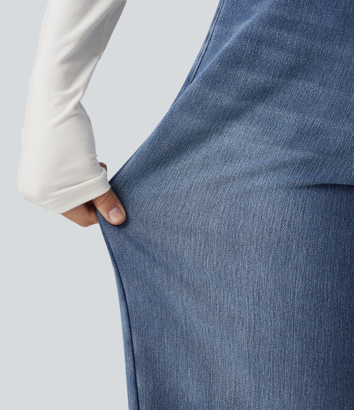 High Waisted Asymmetric Baggy Fleece Casual Cotton Jeans with Pockets — Estate Blue Denim — view 8