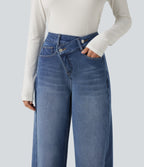 High Waisted Asymmetric Baggy Fleece Casual Cotton Jeans with Pockets — Estate Blue Denim — view 5