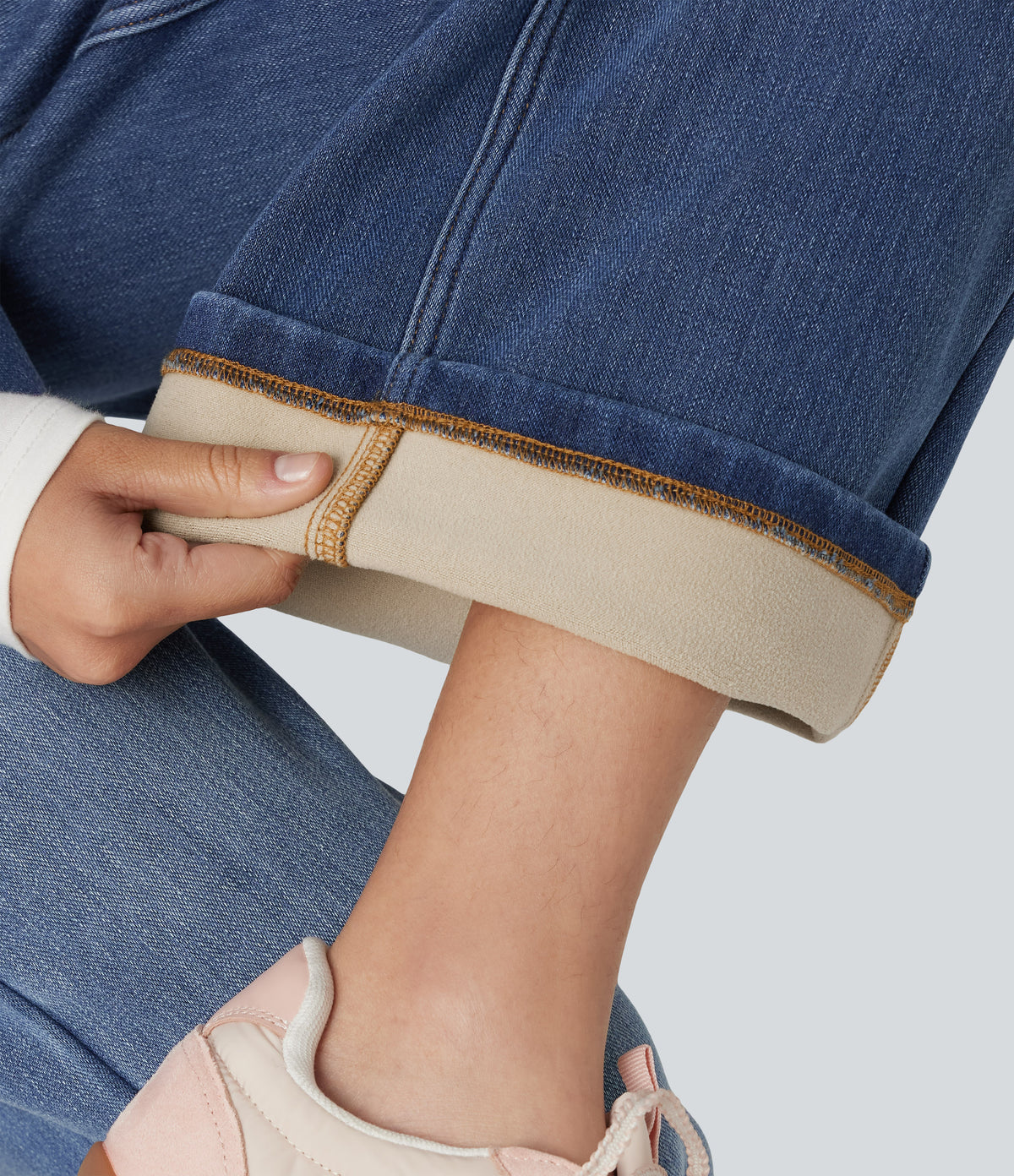 High Waisted Asymmetric Baggy Fleece Casual Cotton Jeans with Pockets — Estate Blue Denim — view 7