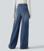 High Waisted Asymmetric Baggy Fleece Casual Cotton Jeans with Pockets — Estate Blue Denim — view 2