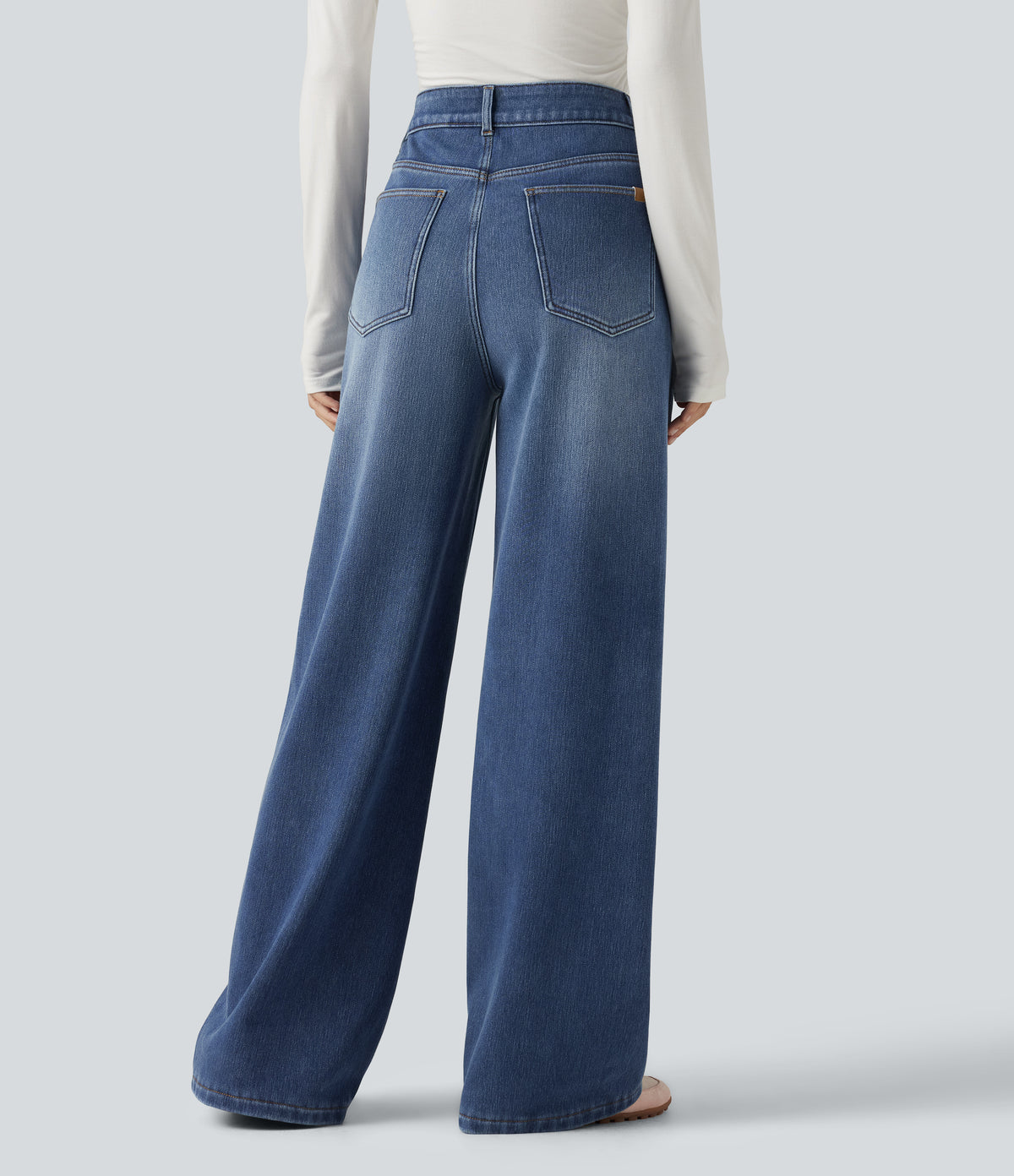 High Waisted Asymmetric Baggy Fleece Casual Cotton Jeans with Pockets — Estate Blue Denim — view 2