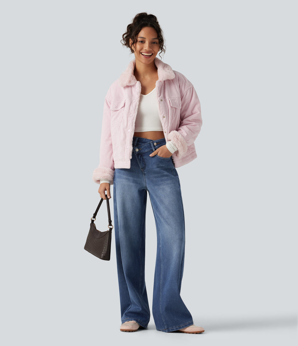 High Waisted Asymmetric Baggy Fleece Casual Cotton Jeans with Pockets — Estate Blue Denim — view 4