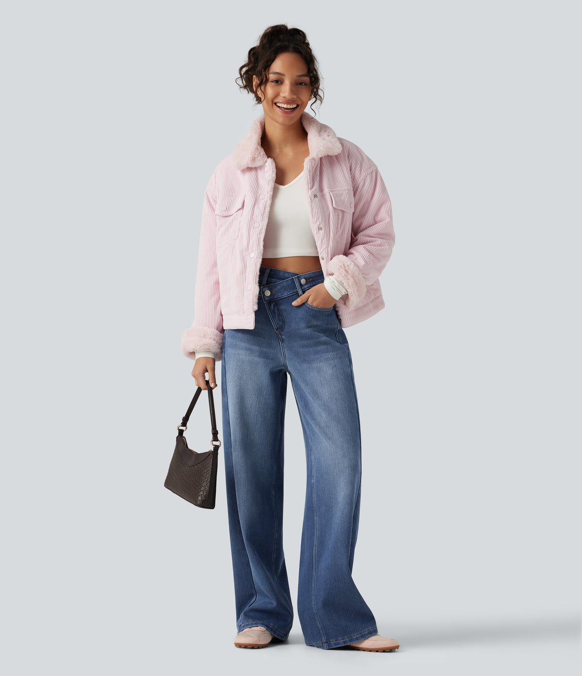 High Waisted Asymmetric Baggy Fleece Casual Cotton Jeans with Pockets — Estate Blue Denim — view 4