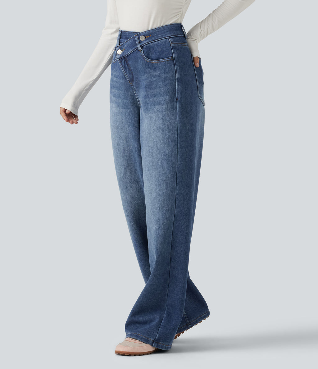 High Waisted Asymmetric Baggy Fleece Casual Cotton Jeans with Pockets — Estate Blue Denim — view 3