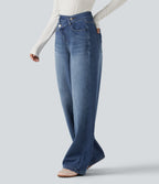 High Waisted Asymmetric Baggy Fleece Casual Cotton Jeans with Pockets — Estate Blue Denim — view 3