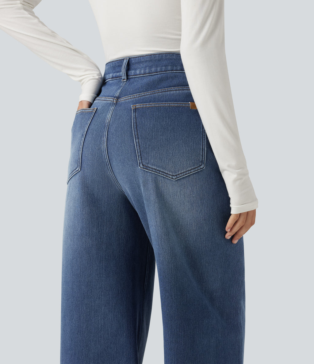 High Waisted Asymmetric Baggy Fleece Casual Cotton Jeans with Pockets — Estate Blue Denim — view 6