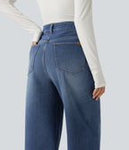 High Waisted Asymmetric Baggy Fleece Casual Cotton Jeans with Pockets — Estate Blue Denim — view 6
