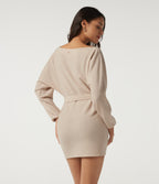 Ribbed Knit Boat Neck Long Sleeve Belted Bodycon Casual Mini Dress — Almond Milk — view 2