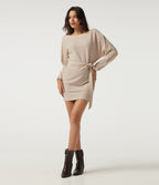 Ribbed Knit Boat Neck Long Sleeve Belted Bodycon Casual Mini Dress — Almond Milk — view 6