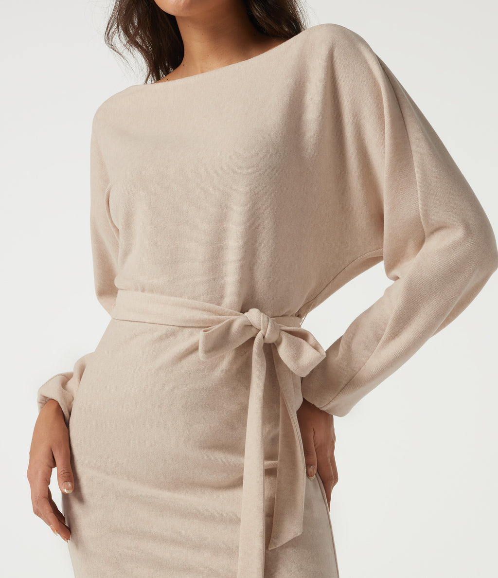 Ribbed Knit Boat Neck Long Sleeve Belted Bodycon Casual Mini Dress — Almond Milk — view 4