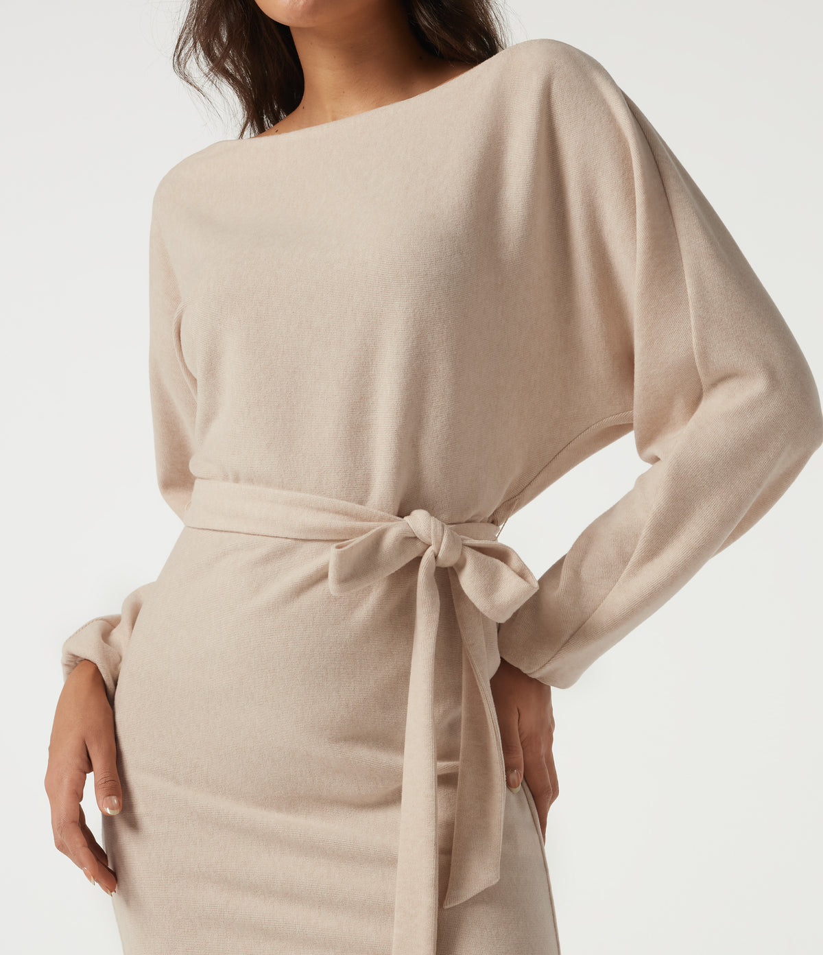 Ribbed Knit Boat Neck Long Sleeve Belted Bodycon Casual Mini Dress — Almond Milk — view 4