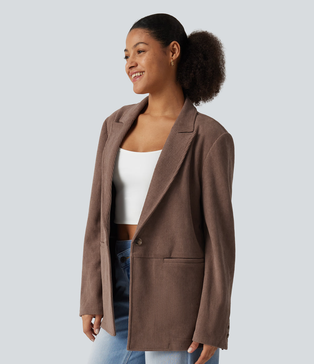 Notched Collar Long Sleeve Corduroy Casual Blazer with Pockets — Coca Mocha — view 3