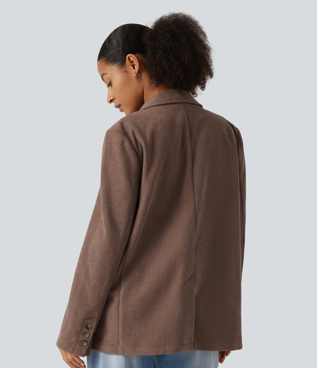 Notched Collar Long Sleeve Corduroy Casual Blazer with Pockets — Coca Mocha — view 2