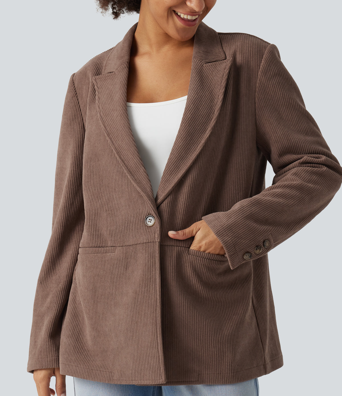 Notched Collar Long Sleeve Corduroy Casual Blazer with Pockets — Coca Mocha — view 5