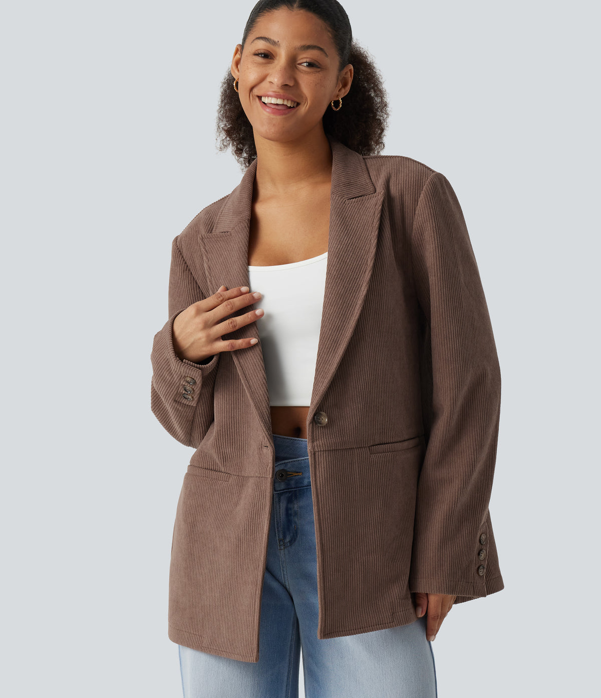 Notched Collar Long Sleeve Corduroy Casual Blazer with Pockets — Coca Mocha — view 4