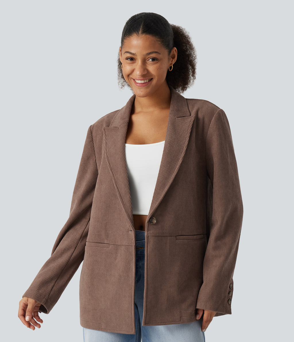 Notched Collar Long Sleeve Corduroy Casual Blazer with Pockets — Coca Mocha — view 1
