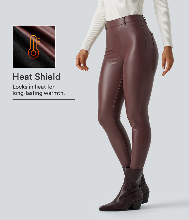 High Waisted Skinny Stretchy PU Fleece Casual Leggings with Pockets — Andorra — view 1