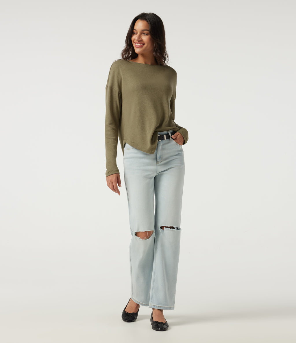 Boat Neck Long Sleeve Asymmetric Hem Casual Top — Martini — view 6
