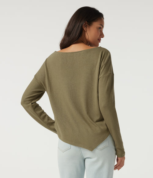 Boat Neck Long Sleeve Asymmetric Hem Casual Top — Martini — view 2
