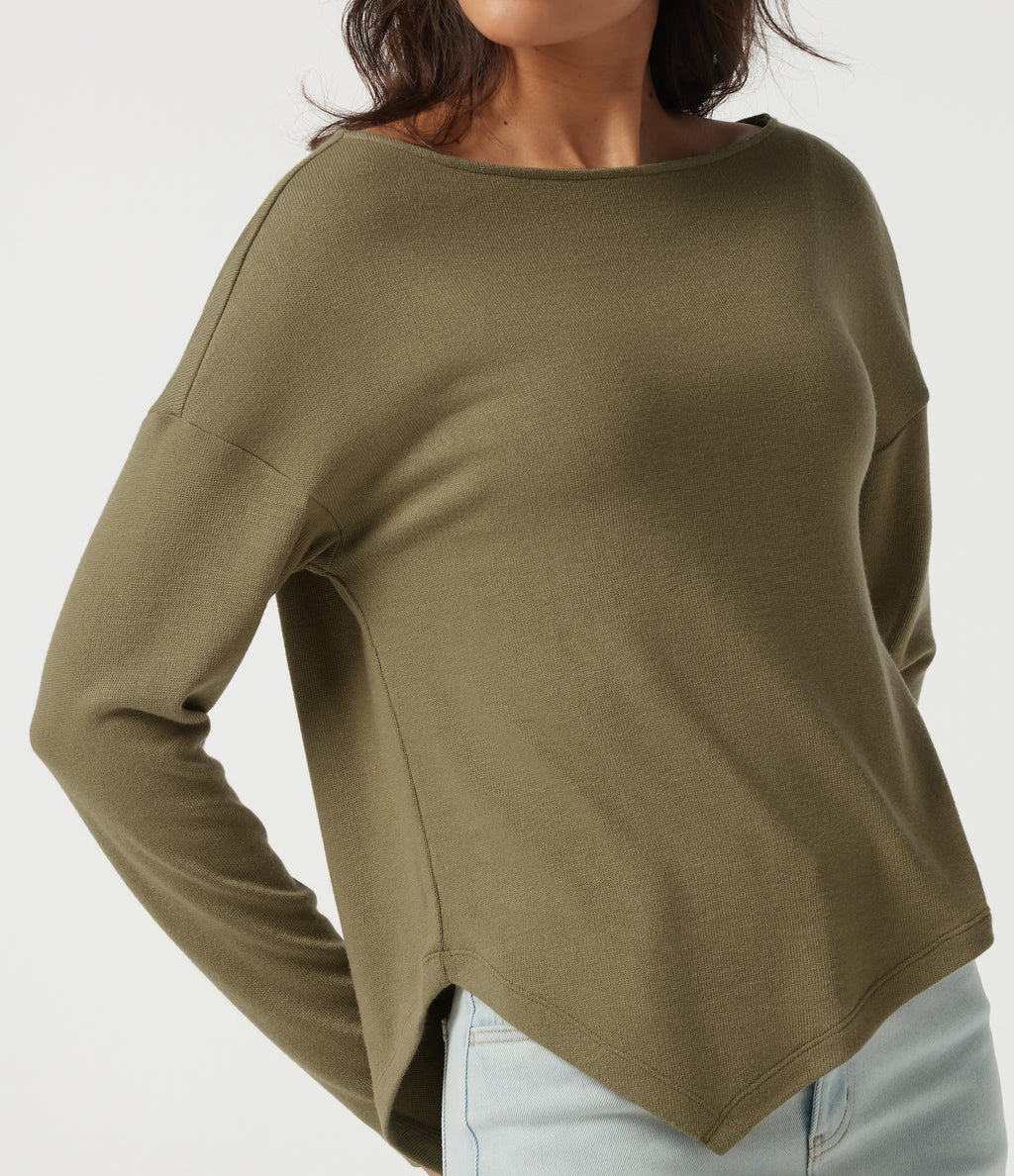 Boat Neck Long Sleeve Asymmetric Hem Casual Top — Martini — view 5