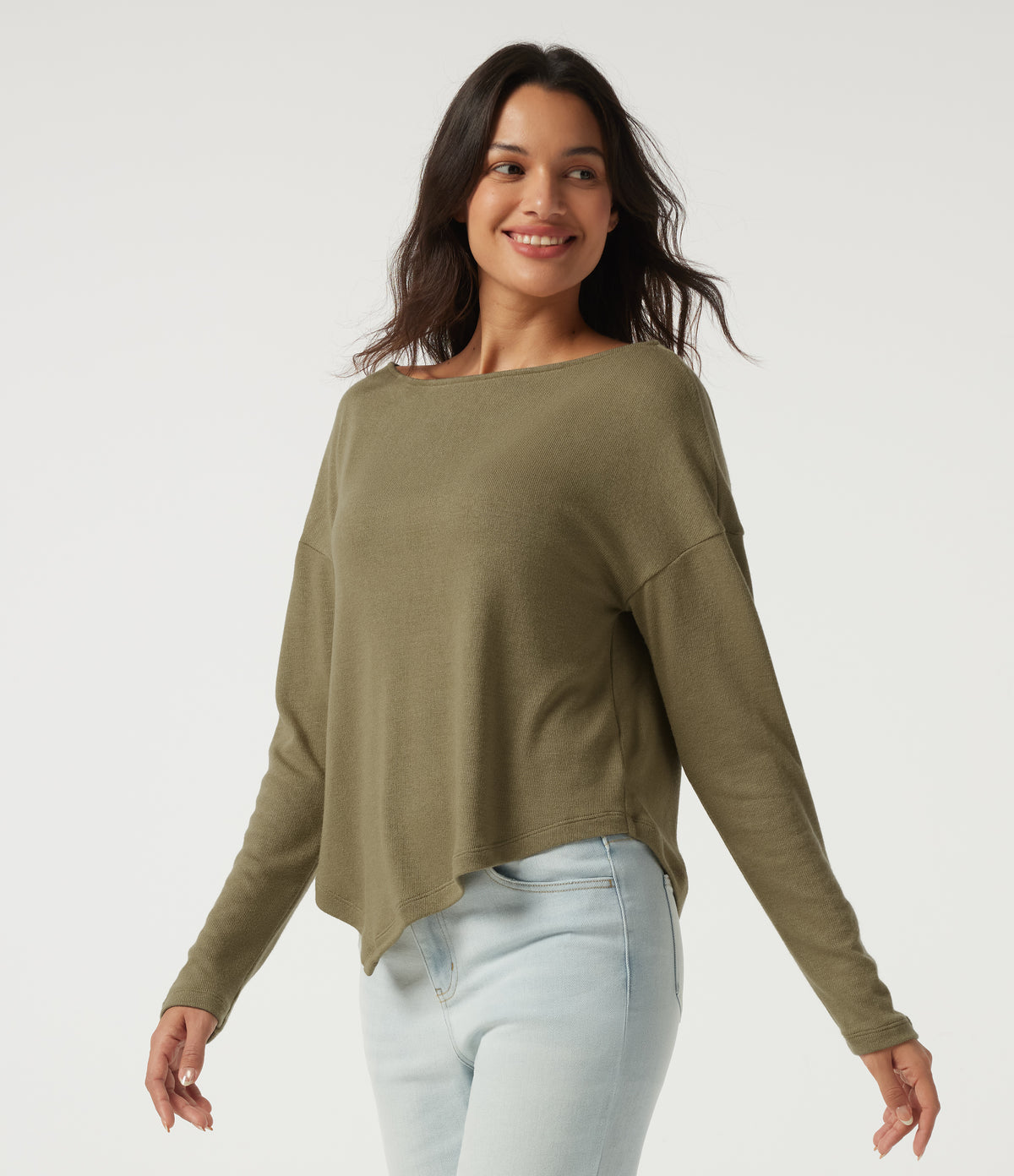 Boat Neck Long Sleeve Asymmetric Hem Casual Top — Martini — view 3