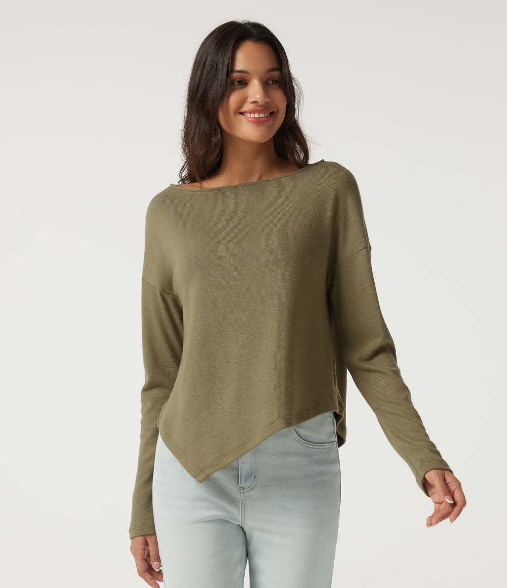 Boat Neck Long Sleeve Asymmetric Hem Casual Top — Martini — view 4