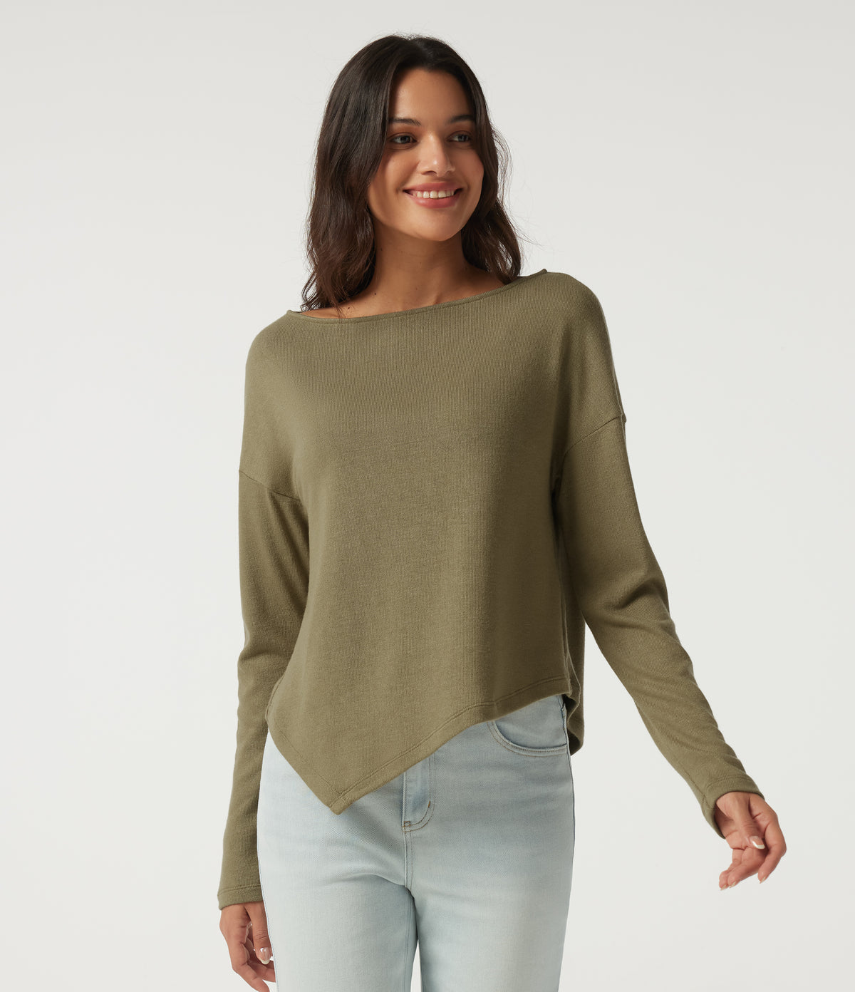 Boat Neck Long Sleeve Asymmetric Hem Casual Top — Martini — view 4