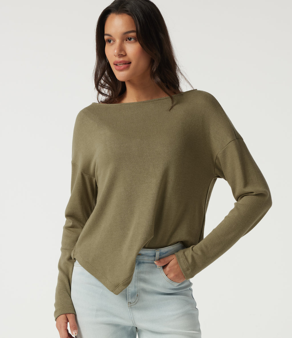 Boat Neck Long Sleeve Asymmetric Hem Casual Top — Martini — view 1