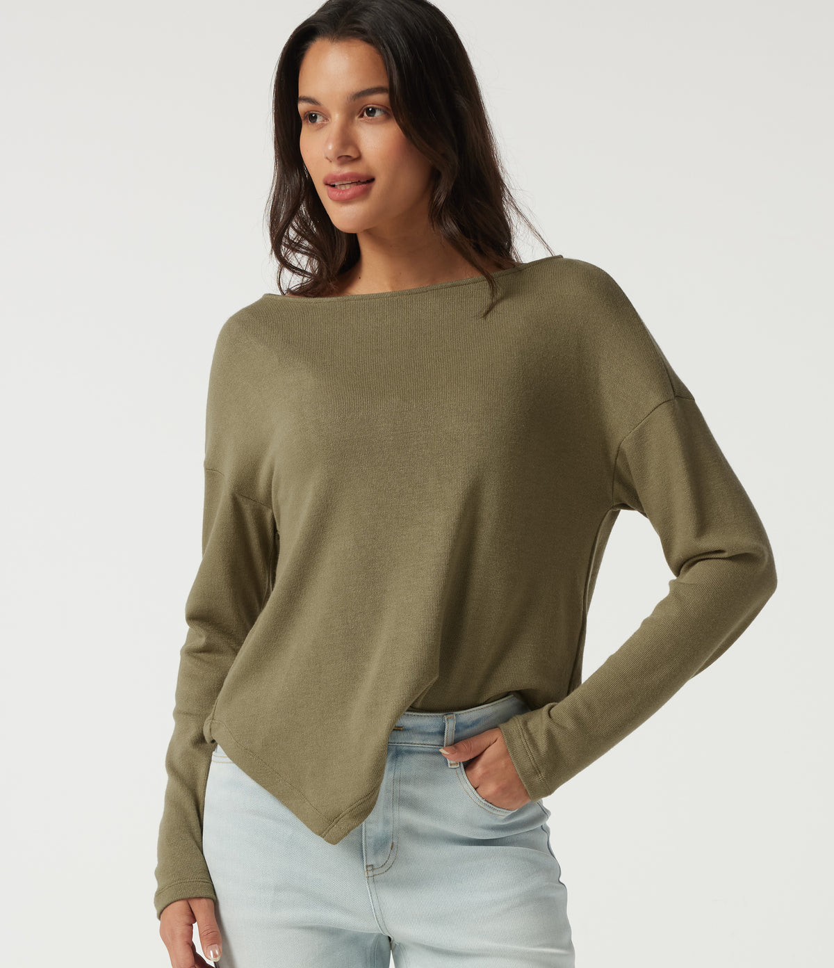 Boat Neck Long Sleeve Asymmetric Hem Casual Top — Martini — view 1
