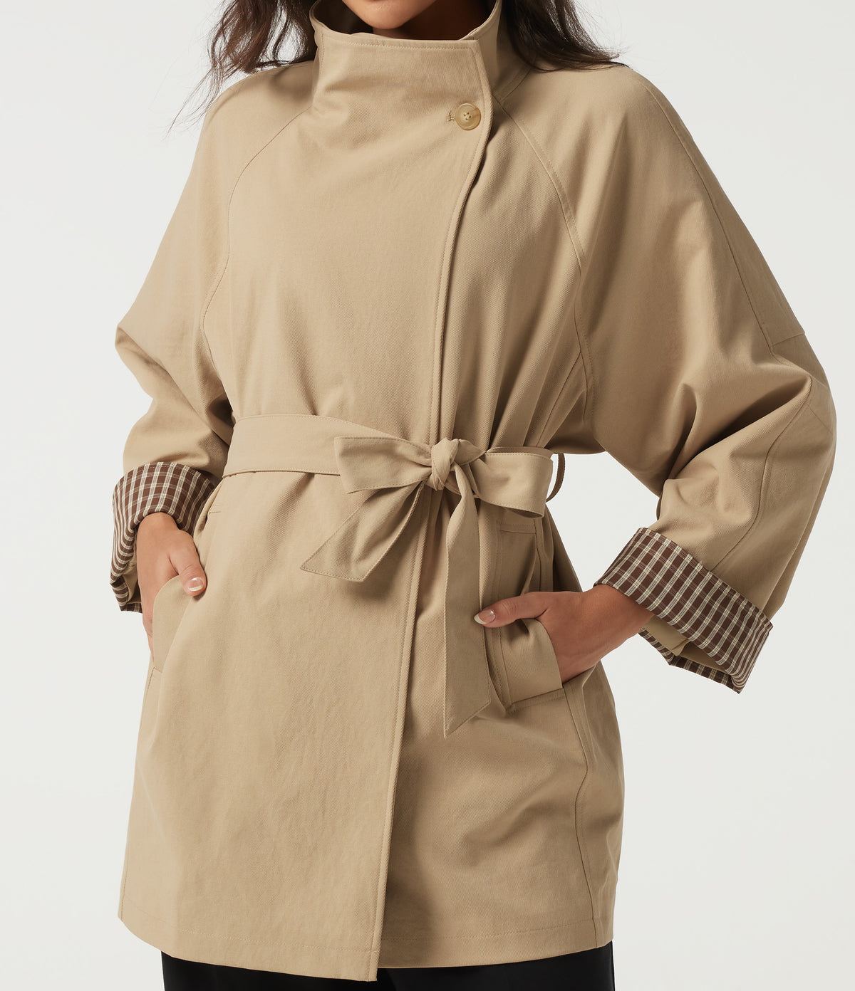 Lapel Raglan Long Sleeve Belted Work Jacket with Pockets — Almond Buff — view 7