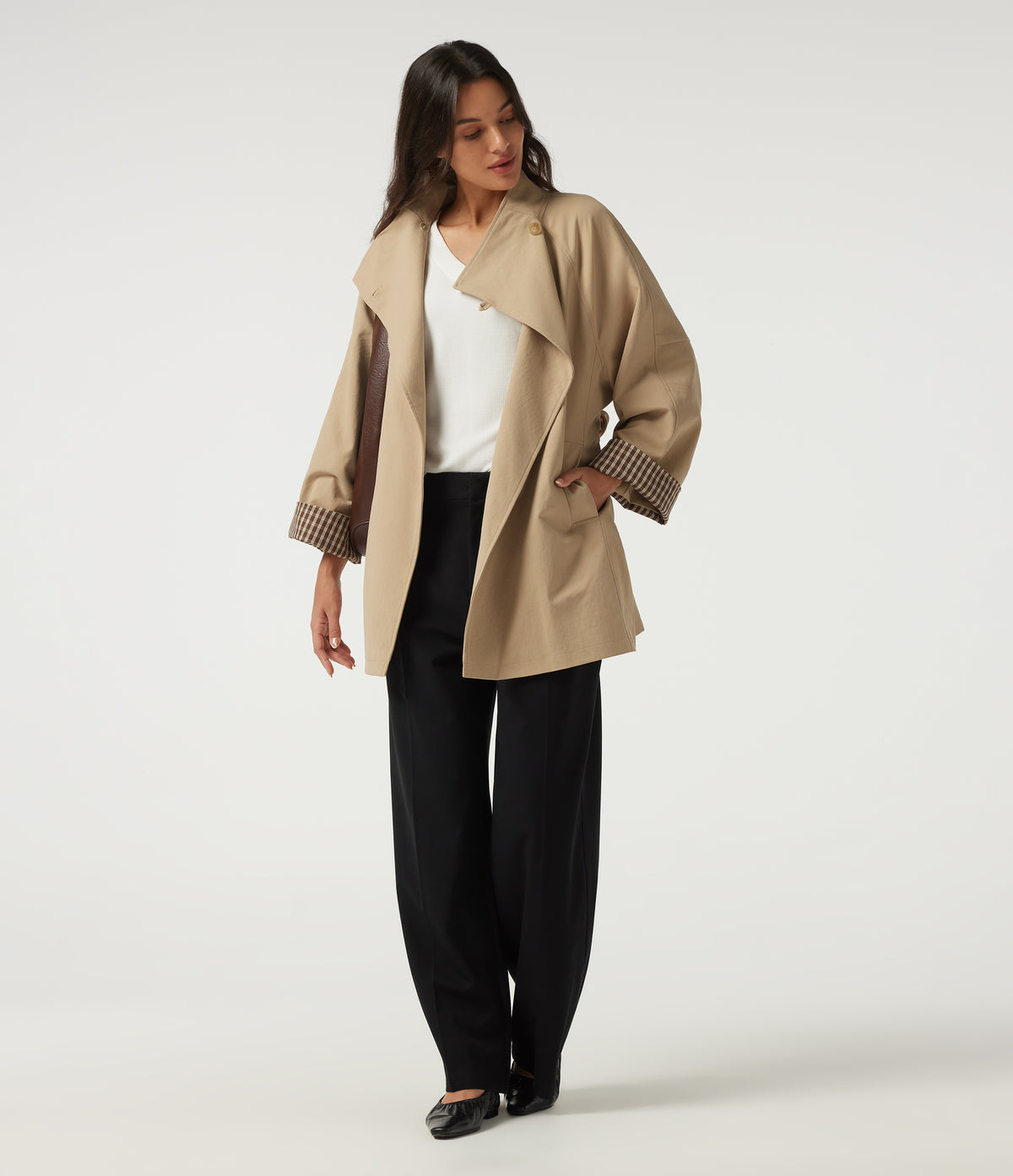 Lapel Raglan Long Sleeve Belted Work Jacket with Pockets — Almond Buff — view 8