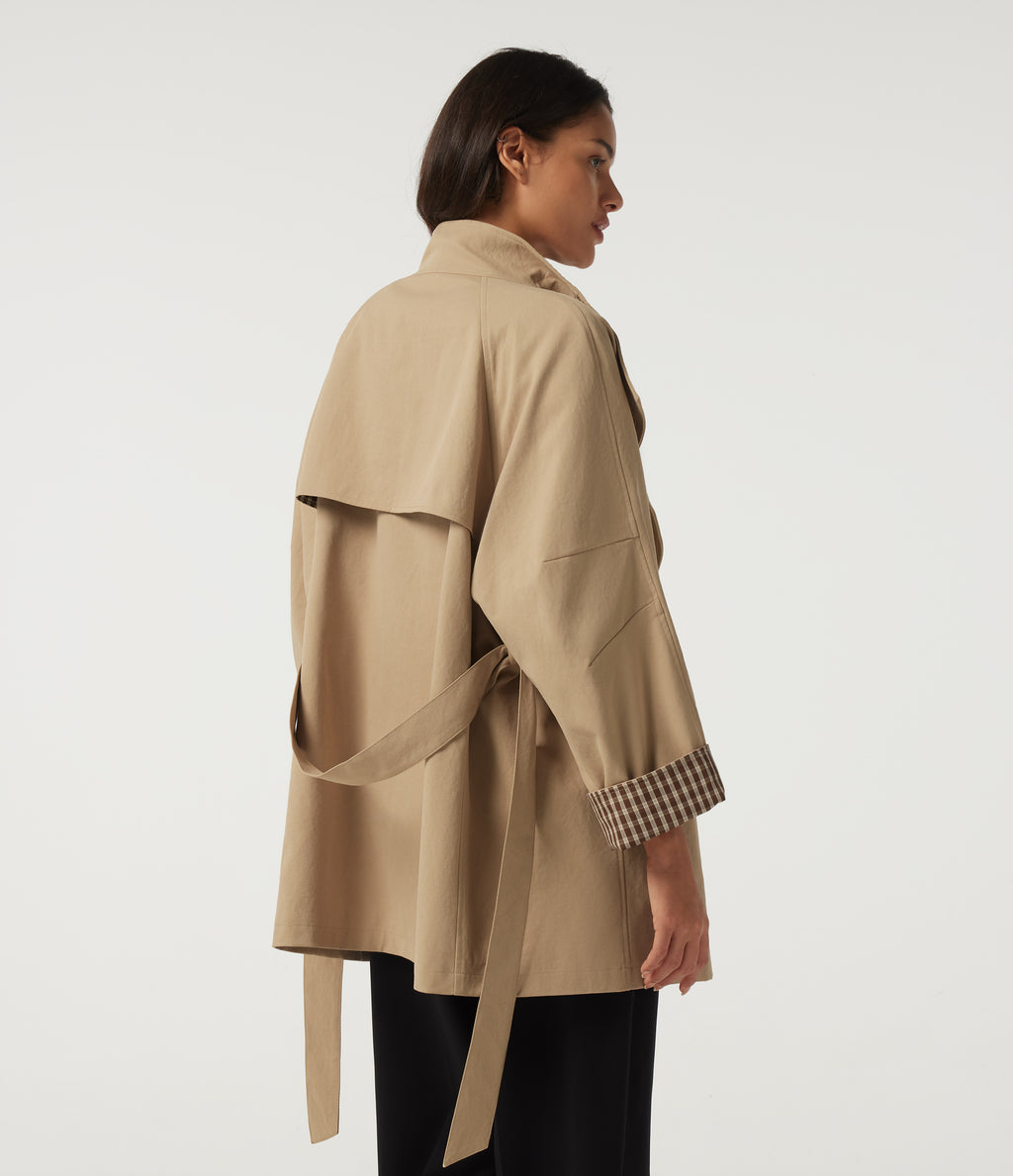 Lapel Raglan Long Sleeve Belted Work Jacket with Pockets — Almond Buff — view 2
