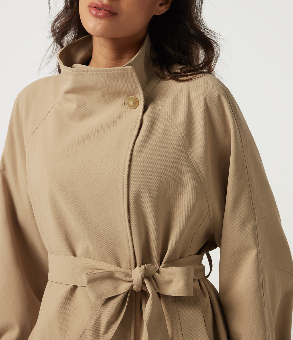 Lapel Raglan Long Sleeve Belted Work Jacket with Pockets — Almond Buff — view 5