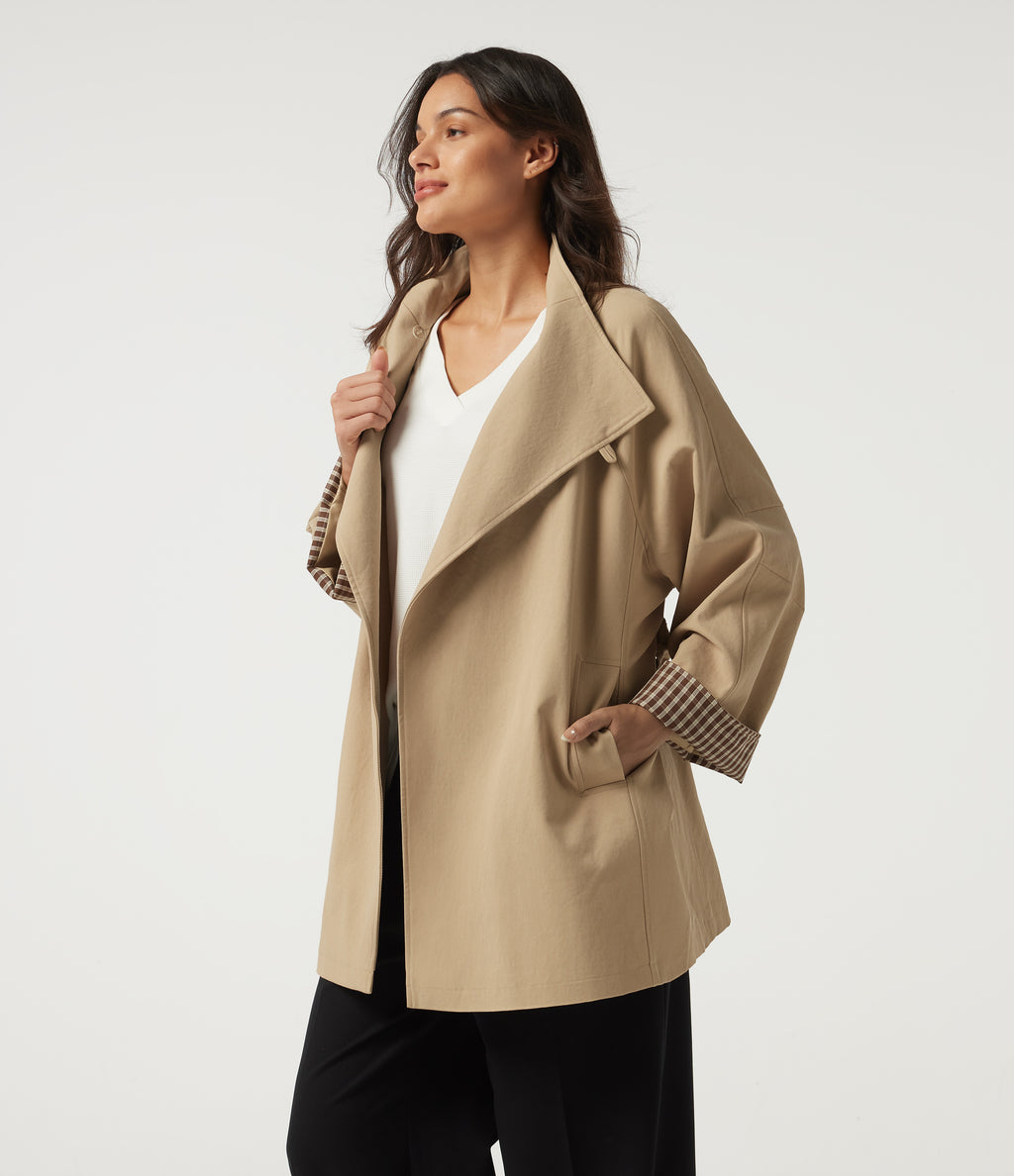 Lapel Raglan Long Sleeve Belted Work Jacket with Pockets — Almond Buff — view 3