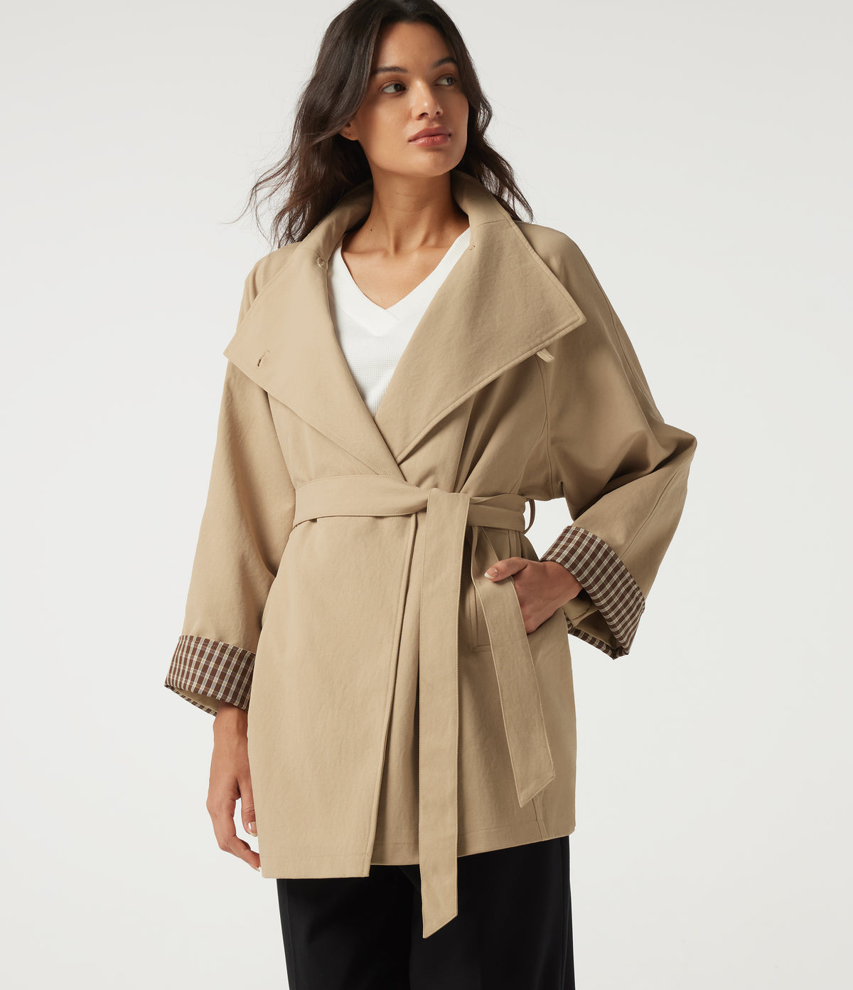 Lapel Raglan Long Sleeve Belted Work Jacket with Pockets — Almond Buff — view 1