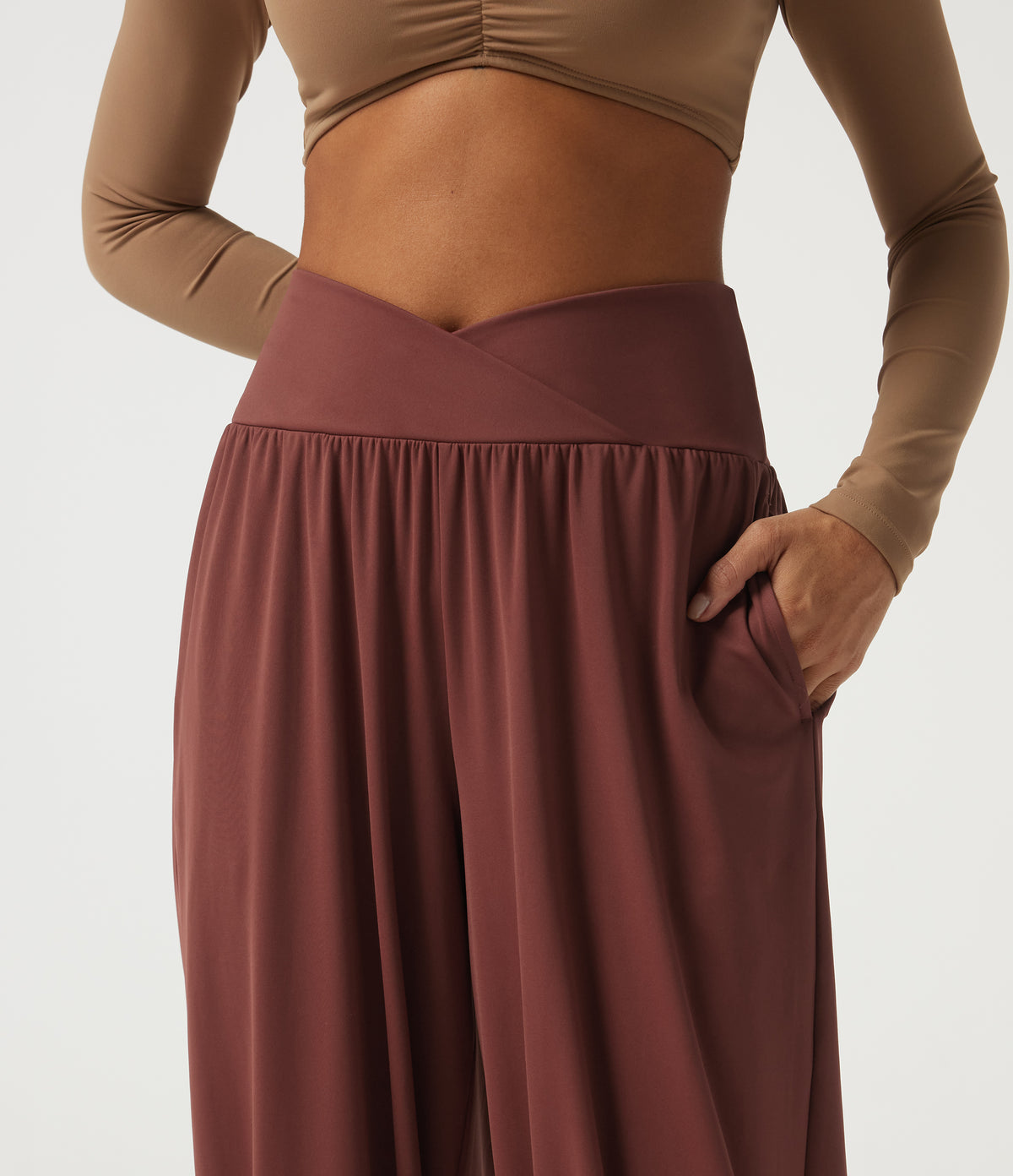Airy High Waisted Ruched Casual Trousers with Pockets — Madder Brown — view 4