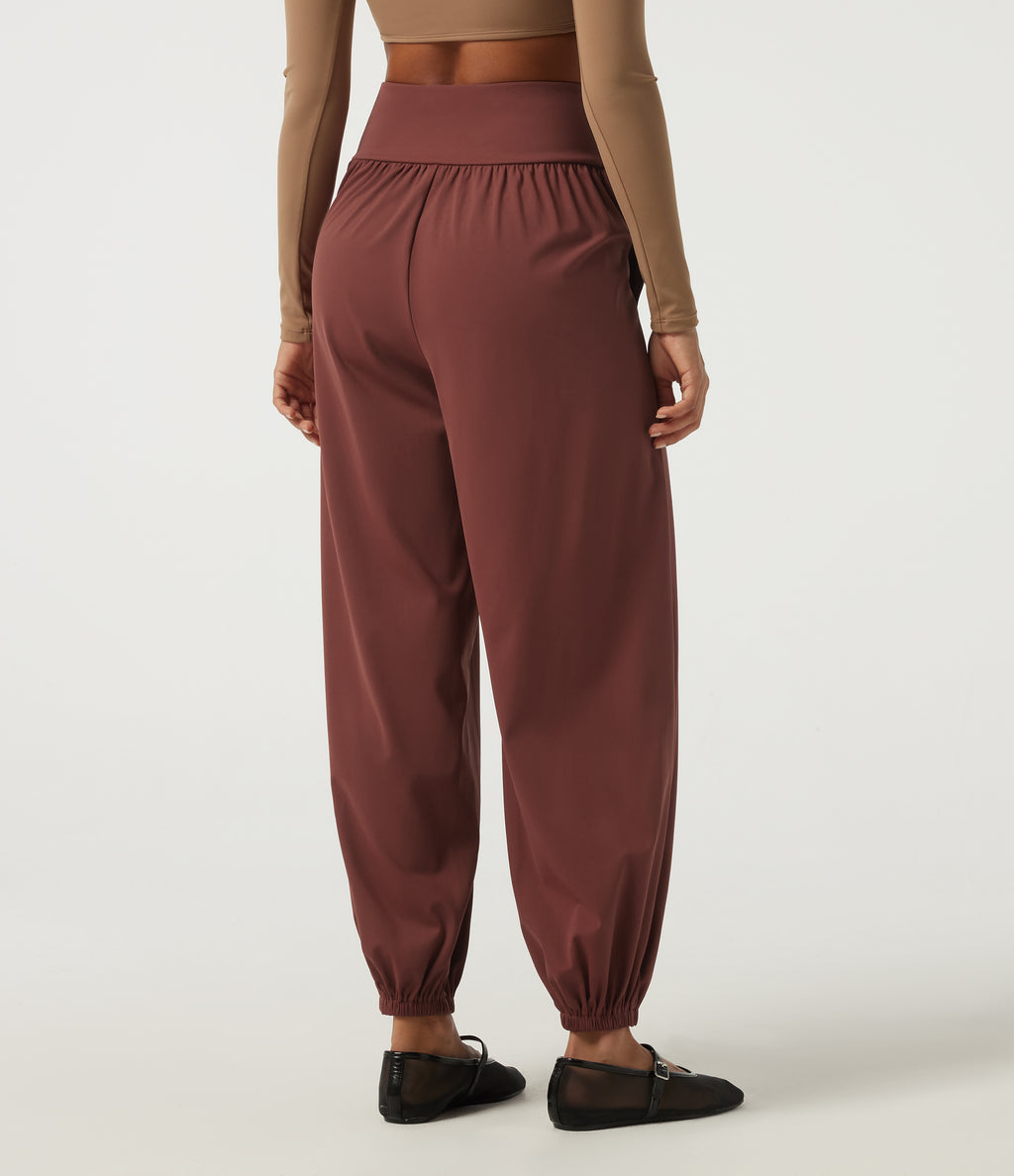 Airy High Waisted Ruched Casual Trousers with Pockets — Madder Brown — view 2