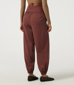 Airy High Waisted Ruched Casual Trousers with Pockets — Madder Brown — view 2